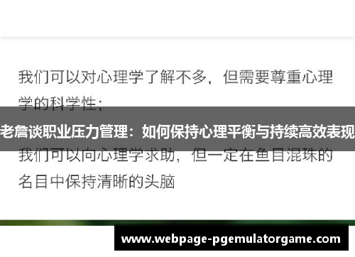 老詹谈职业压力管理：如何保持心理平衡与持续高效表现